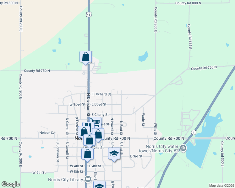 map of restaurants, bars, coffee shops, grocery stores, and more near 601 North East Street in Norris City