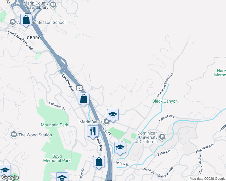 map of restaurants, bars, coffee shops, grocery stores, and more near 144 Dominican Drive in San Rafael