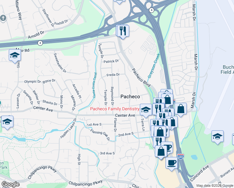 map of restaurants, bars, coffee shops, grocery stores, and more near 1219 Raymond Drive in Pacheco
