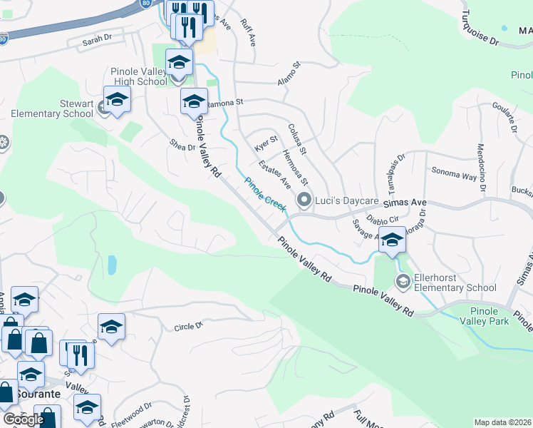 map of restaurants, bars, coffee shops, grocery stores, and more near 2309 Potrero Court in Pinole