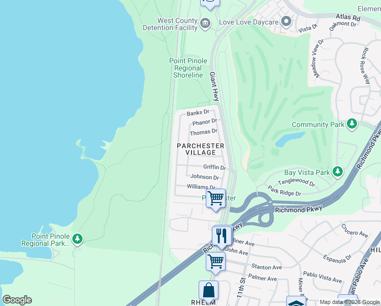 map of restaurants, bars, coffee shops, grocery stores, and more near 601 Bradford Drive in Richmond