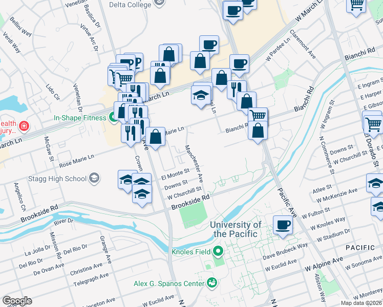map of restaurants, bars, coffee shops, grocery stores, and more near 38 Manchester Avenue in Stockton