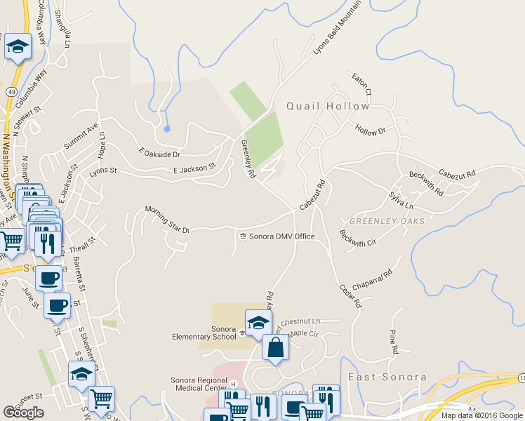 map of restaurants, bars, coffee shops, grocery stores, and more near 250 Greenley Road in Sonora