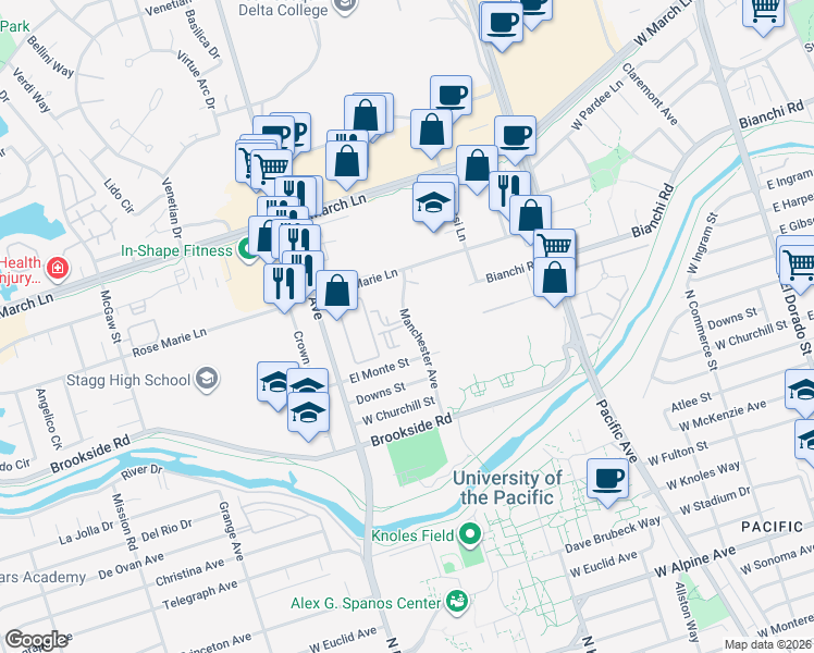 map of restaurants, bars, coffee shops, grocery stores, and more near 38 Manchester Avenue in Stockton