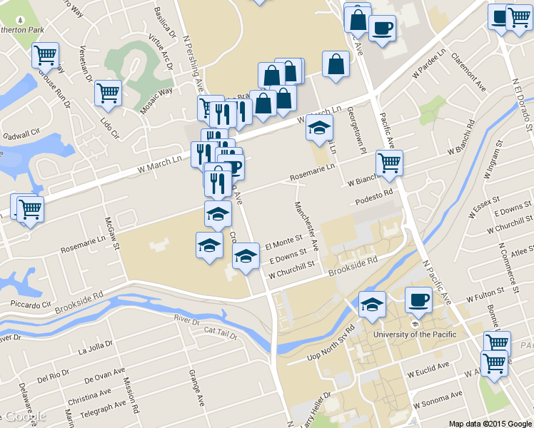map of restaurants, bars, coffee shops, grocery stores, and more near 1176 Rosemarie Lane in Stockton