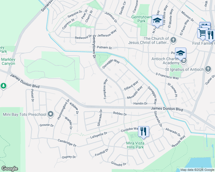 map of restaurants, bars, coffee shops, grocery stores, and more near 2317 Clinton Court in Antioch