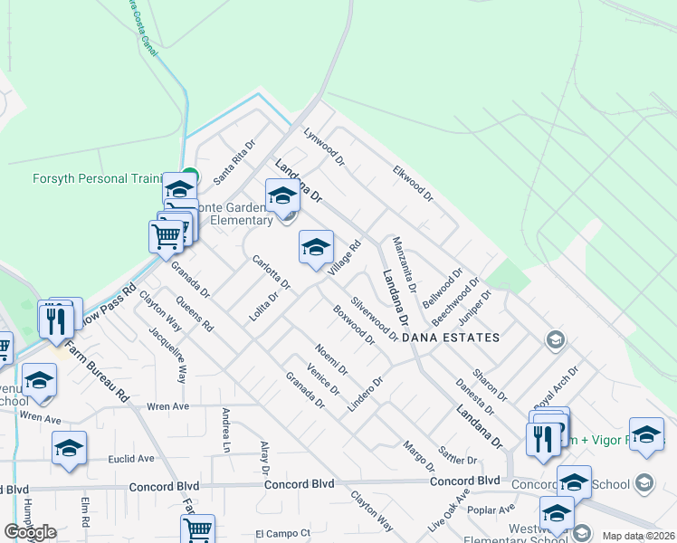 map of restaurants, bars, coffee shops, grocery stores, and more near 3825 Village Road in Concord