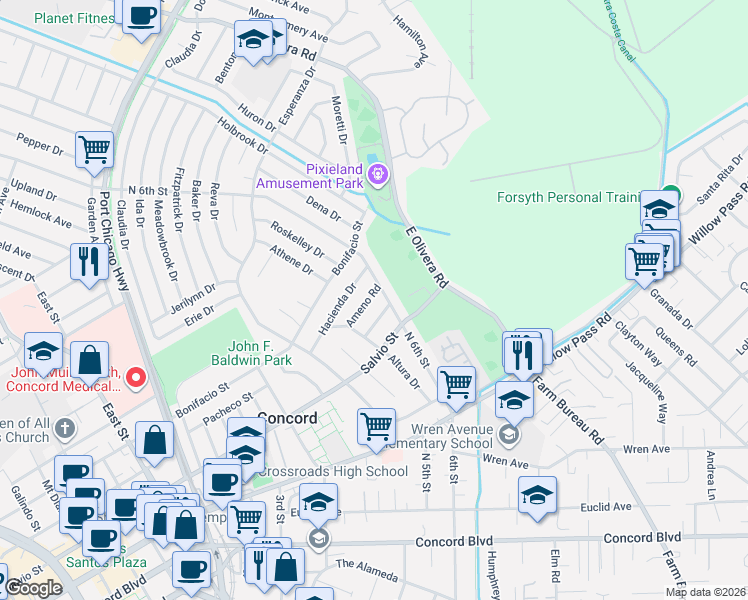 map of restaurants, bars, coffee shops, grocery stores, and more near 3194 Ameno Road in Concord