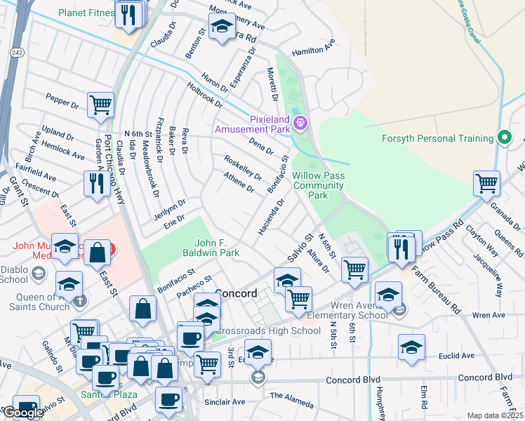map of restaurants, bars, coffee shops, grocery stores, and more near 3075 Bonifacio Street in Concord