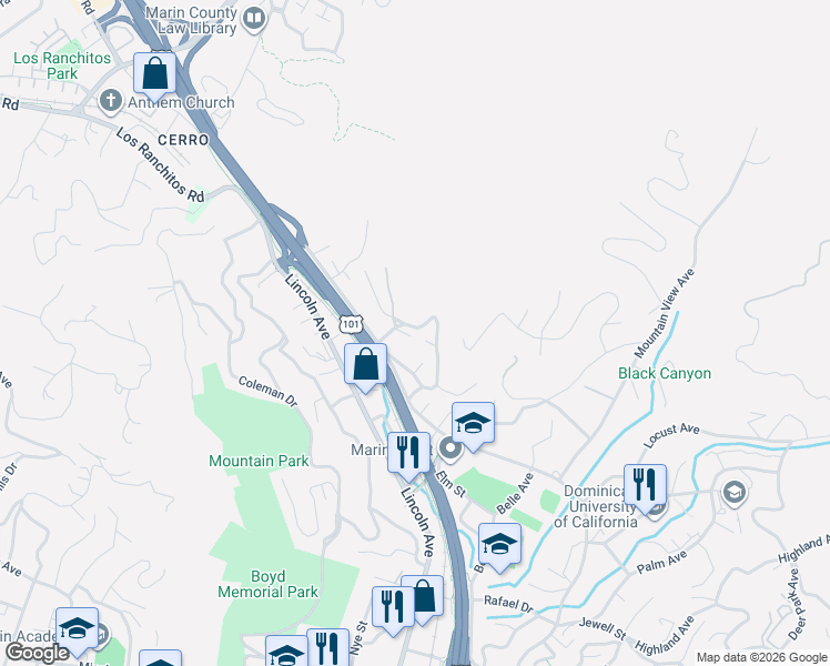 map of restaurants, bars, coffee shops, grocery stores, and more near 122 Myrtle Avenue in San Rafael