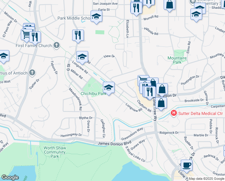 map of restaurants, bars, coffee shops, grocery stores, and more near 3401 Longview Road in Antioch