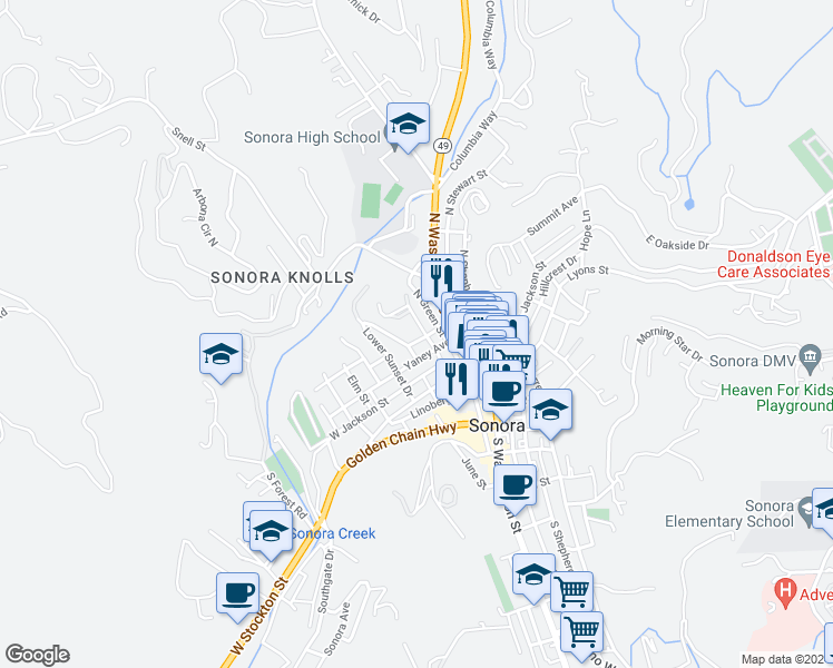map of restaurants, bars, coffee shops, grocery stores, and more near 72 North Norlin Street in Sonora