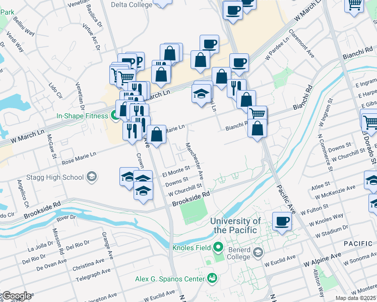 map of restaurants, bars, coffee shops, grocery stores, and more near 38 Manchester Avenue in Stockton