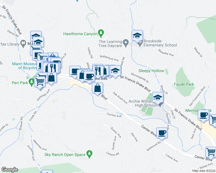 map of restaurants, bars, coffee shops, grocery stores, and more near 20 Hill Avenue in Fairfax