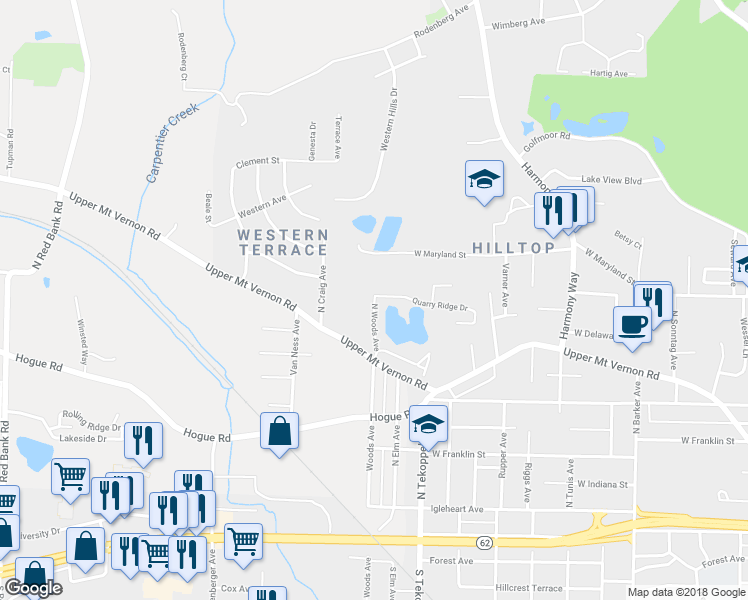 map of restaurants, bars, coffee shops, grocery stores, and more near 730 North Woods Avenue in Evansville