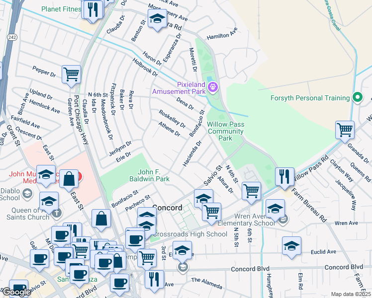 map of restaurants, bars, coffee shops, grocery stores, and more near 3075 Bonifacio Street in Concord