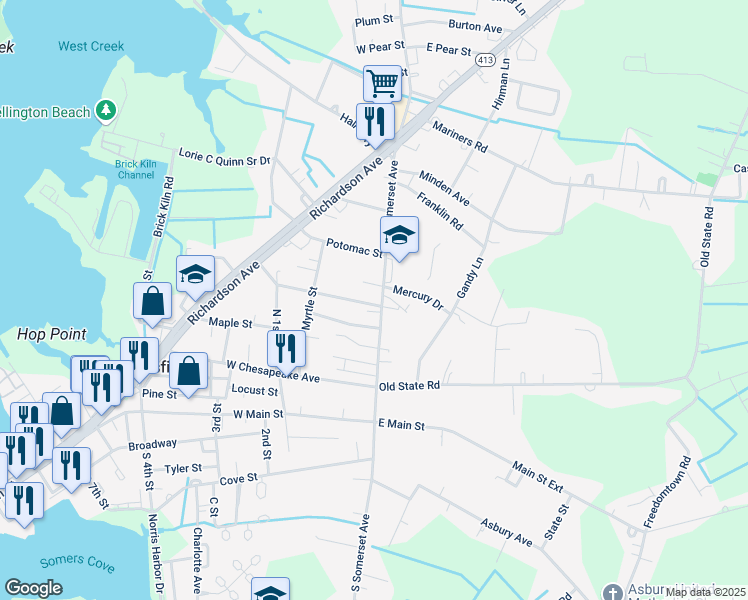 map of restaurants, bars, coffee shops, grocery stores, and more near 205 North Somerset Avenue in Crisfield