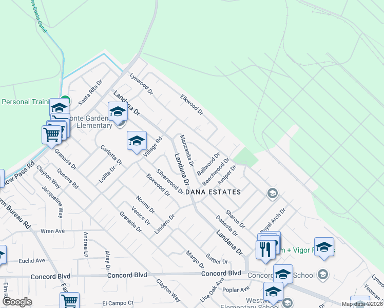 map of restaurants, bars, coffee shops, grocery stores, and more near 1824 Manzanita Drive in Concord