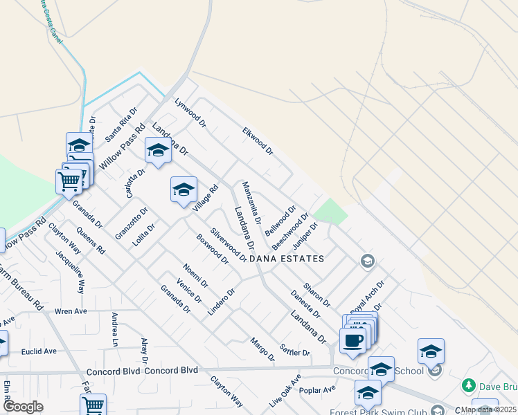 map of restaurants, bars, coffee shops, grocery stores, and more near 1824 Manzanita Drive in Concord