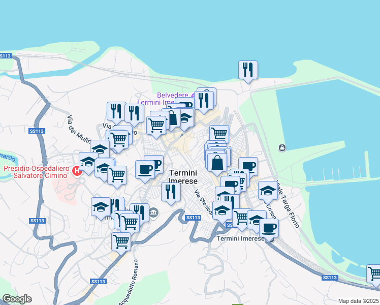 map of restaurants, bars, coffee shops, grocery stores, and more near Via Roma in Termini Imerese