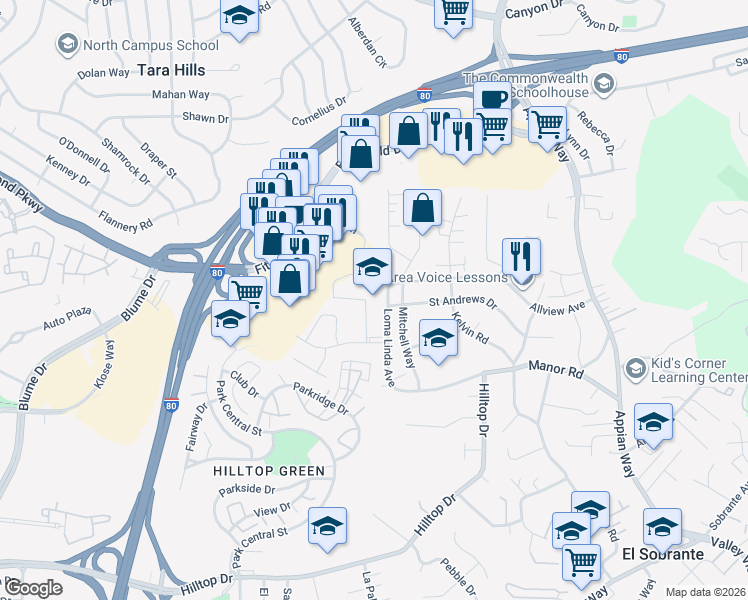 map of restaurants, bars, coffee shops, grocery stores, and more near 1121 Allview Avenue in El Sobrante