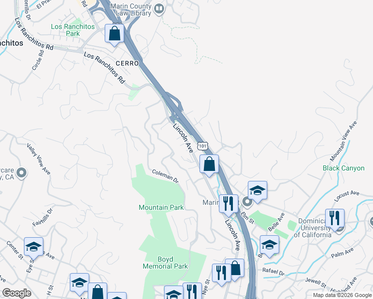 map of restaurants, bars, coffee shops, grocery stores, and more near 1741 Lincoln Avenue in San Rafael