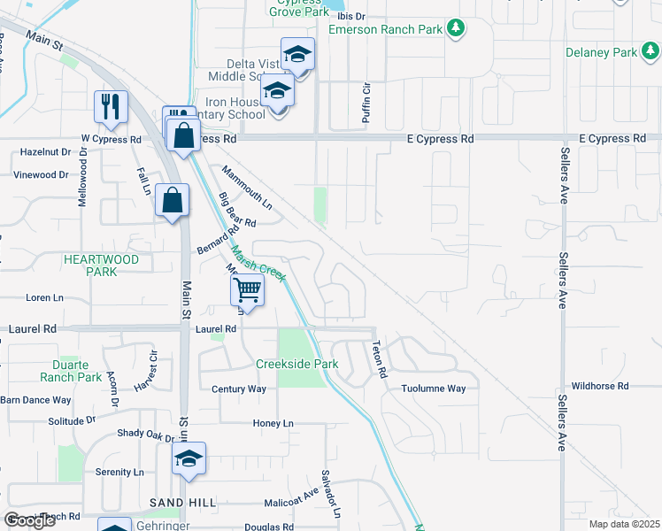 map of restaurants, bars, coffee shops, grocery stores, and more near 640 Mockingbird Lane in Oakley