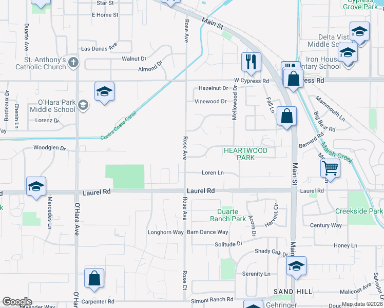 map of restaurants, bars, coffee shops, grocery stores, and more near 460 Clearwood Drive in Oakley