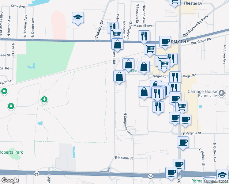 map of restaurants, bars, coffee shops, grocery stores, and more near 3101 Stockwell Road in Evansville