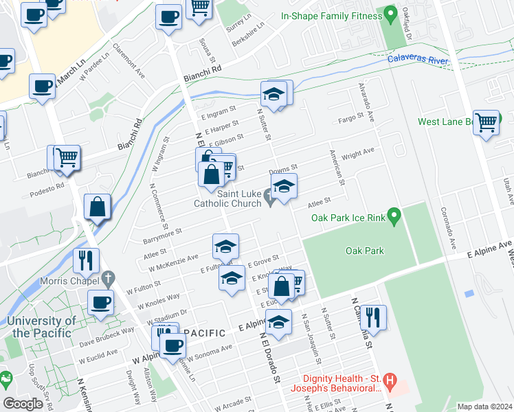 map of restaurants, bars, coffee shops, grocery stores, and more near 565 Barrymore Street East in Stockton