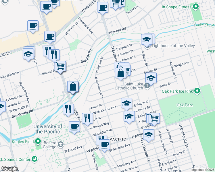 map of restaurants, bars, coffee shops, grocery stores, and more near 50 Downs Street in Stockton