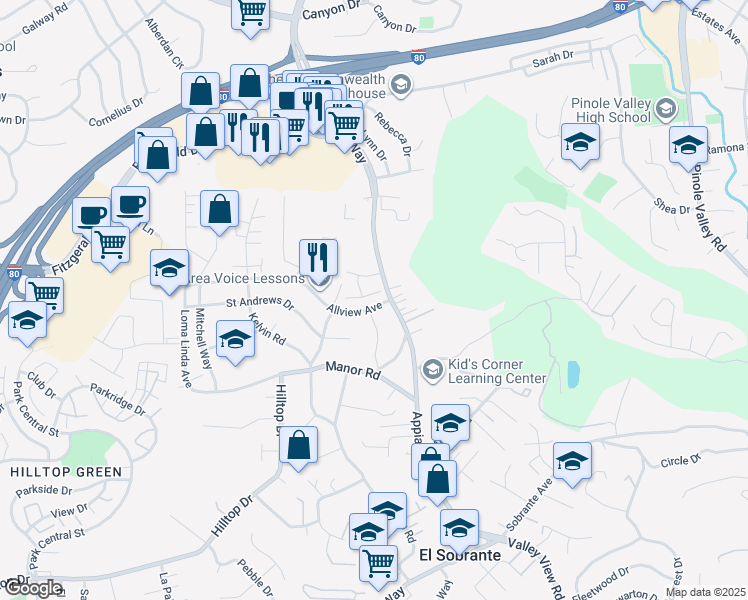 map of restaurants, bars, coffee shops, grocery stores, and more near 1840 Dalessi Lane in Pinole