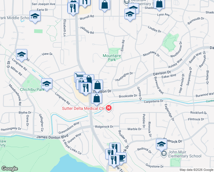 map of restaurants, bars, coffee shops, grocery stores, and more near 141 Rainier Lane in Antioch