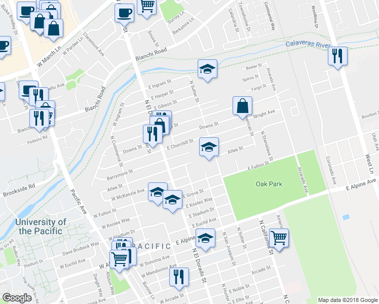 map of restaurants, bars, coffee shops, grocery stores, and more near 423 Barrymore Street East in Stockton