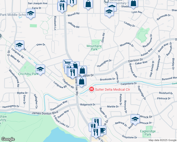 map of restaurants, bars, coffee shops, grocery stores, and more near 129 Rainier Lane in Antioch