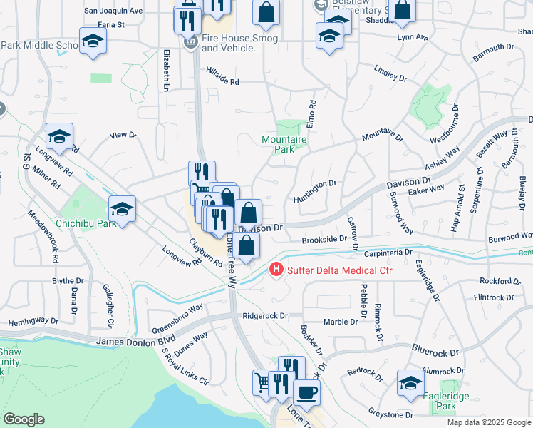 map of restaurants, bars, coffee shops, grocery stores, and more near 129 Rainier Lane in Antioch