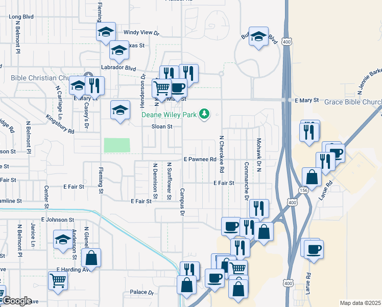 map of restaurants, bars, coffee shops, grocery stores, and more near 2205 North Arapahoe Drive in Garden City