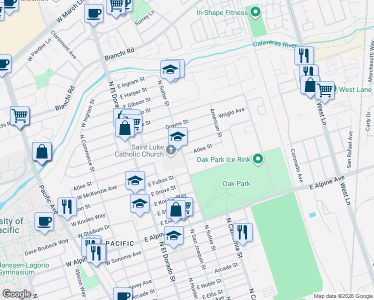 map of restaurants, bars, coffee shops, grocery stores, and more near 404 Barrymore Street East in Stockton