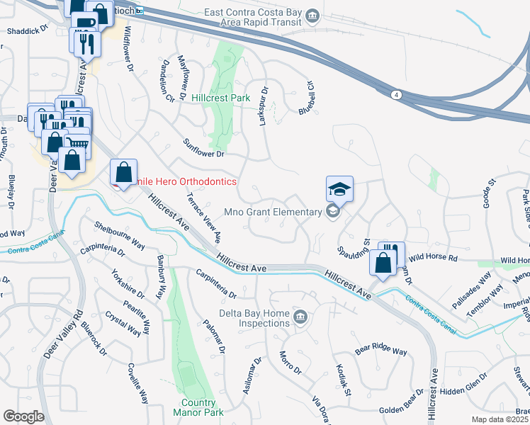 map of restaurants, bars, coffee shops, grocery stores, and more near 3308 Bellflower Drive in Antioch