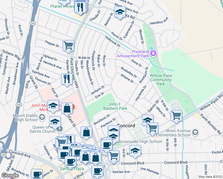 map of restaurants, bars, coffee shops, grocery stores, and more near 3123 Esperanza Drive in Concord