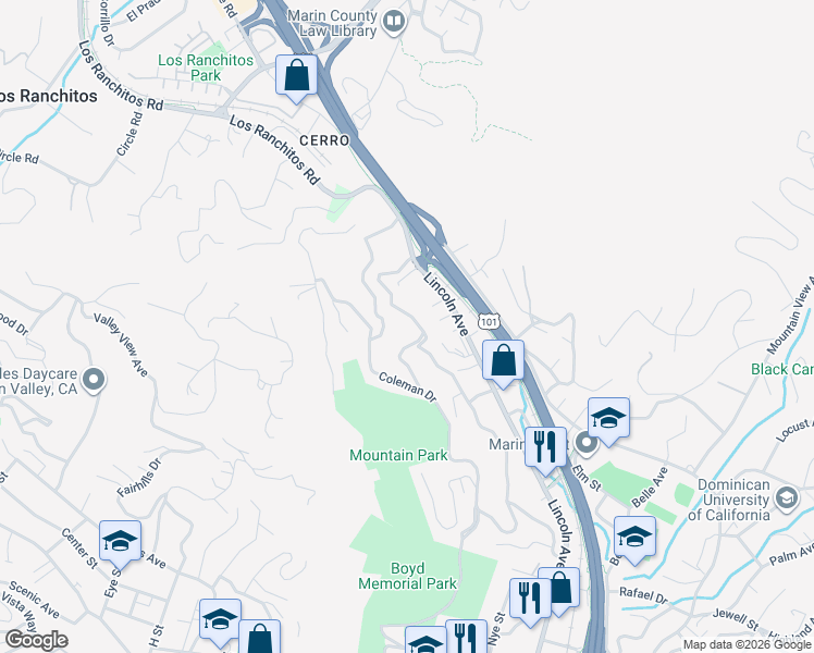 map of restaurants, bars, coffee shops, grocery stores, and more near 318 Prospect Drive in San Rafael