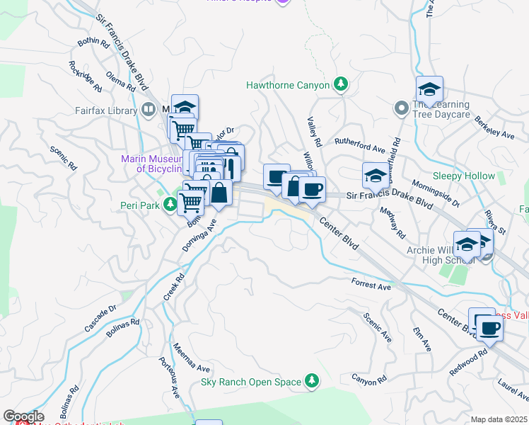 map of restaurants, bars, coffee shops, grocery stores, and more near 128 Mono Avenue in Fairfax