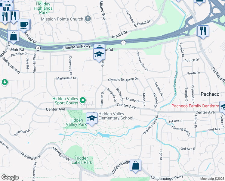 map of restaurants, bars, coffee shops, grocery stores, and more near 1955 Sequoia Drive in Martinez