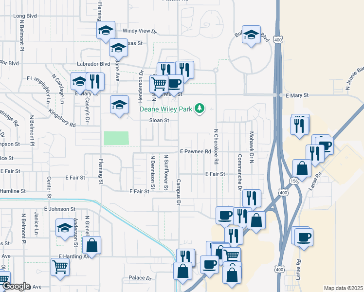 map of restaurants, bars, coffee shops, grocery stores, and more near 2205 North Arapahoe Drive in Garden City