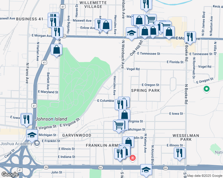 map of restaurants, bars, coffee shops, grocery stores, and more near 909 Bellaire Avenue in Evansville