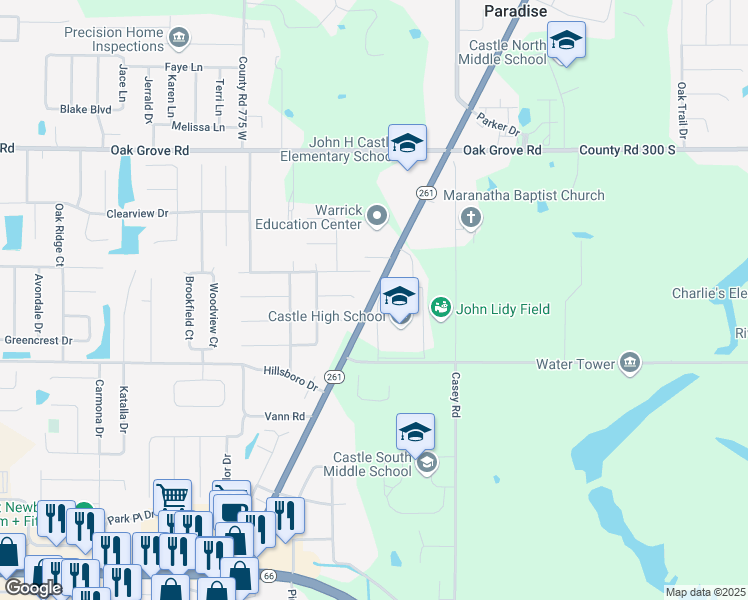 map of restaurants, bars, coffee shops, grocery stores, and more near 3344 Indiana 261 in Newburgh