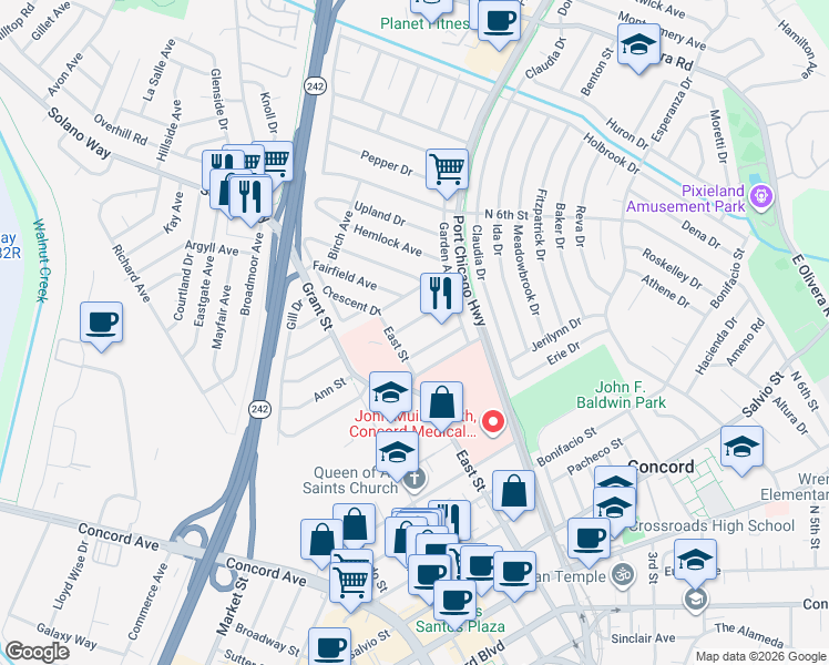 map of restaurants, bars, coffee shops, grocery stores, and more near 2430 Maple Avenue in Concord