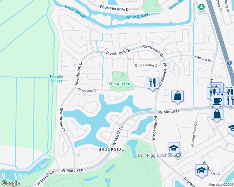 map of restaurants, bars, coffee shops, grocery stores, and more near 3643 Longcove Court in Stockton