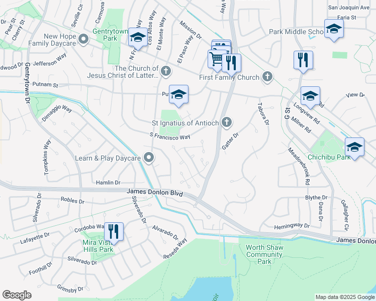 map of restaurants, bars, coffee shops, grocery stores, and more near 3443 Lexington Way in Antioch