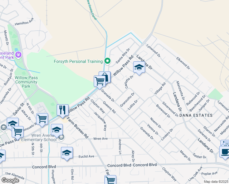 map of restaurants, bars, coffee shops, grocery stores, and more near 3618 Hacienda Court in Concord